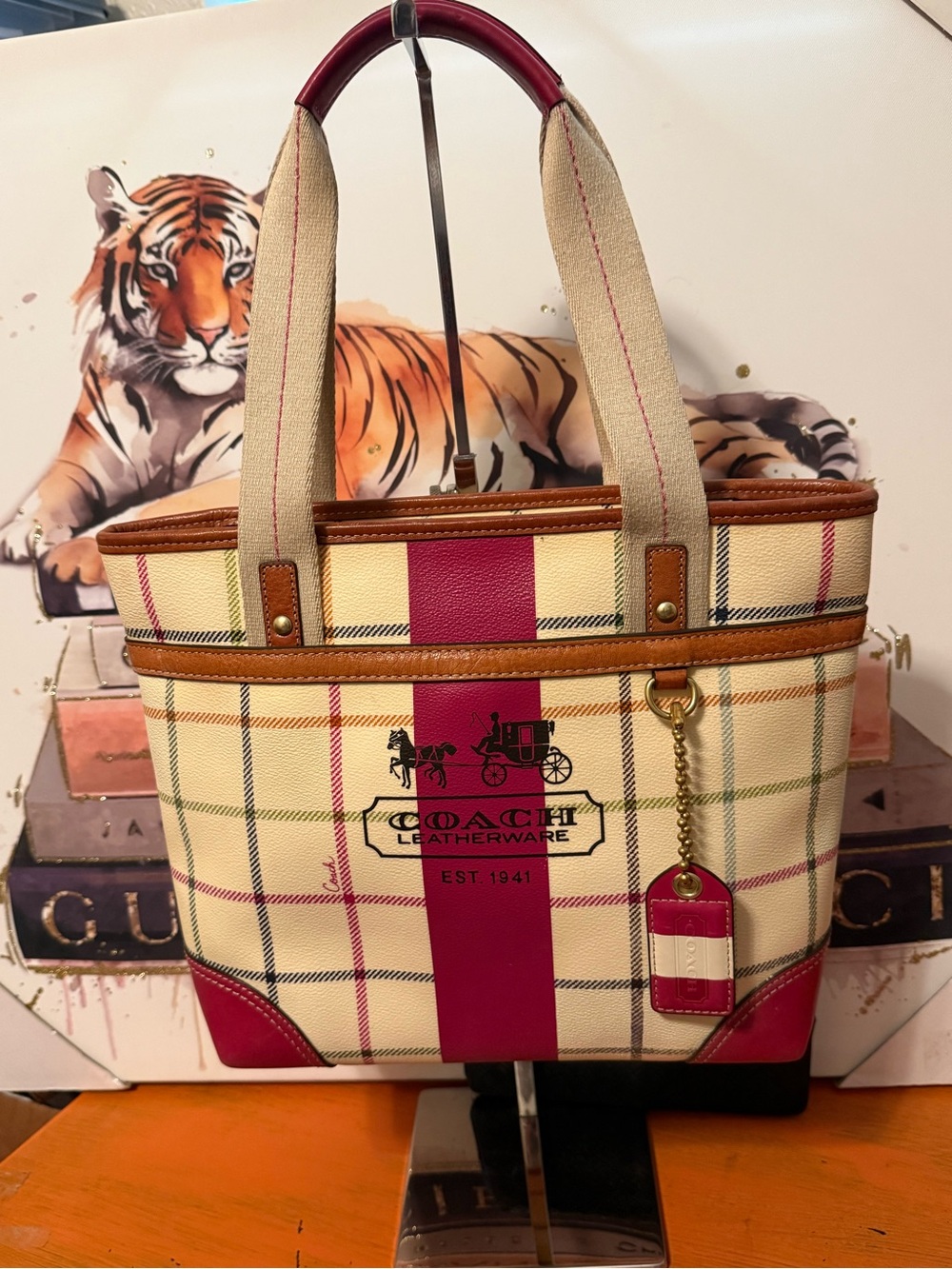 Coach Leatherware Plaid Tote Bag in Cream and Pink